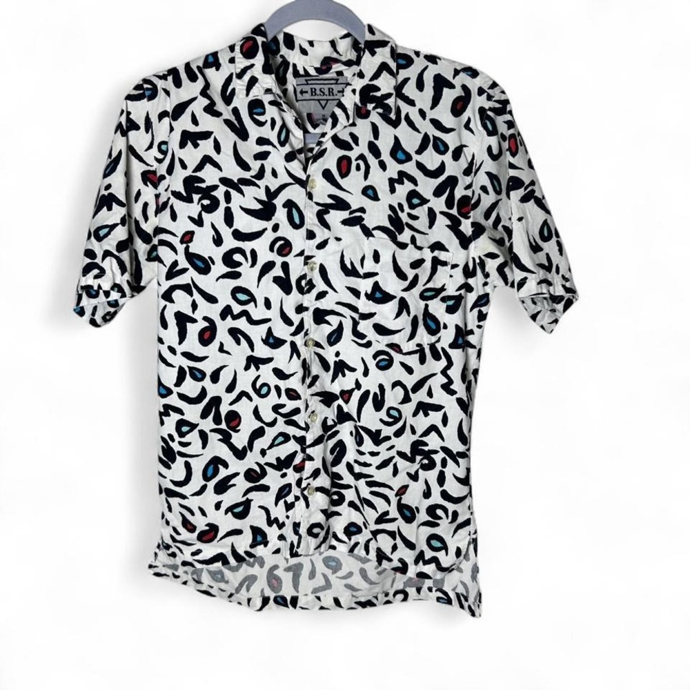 90s B.S.R. white and black leopard print button up shirt Size M #retro